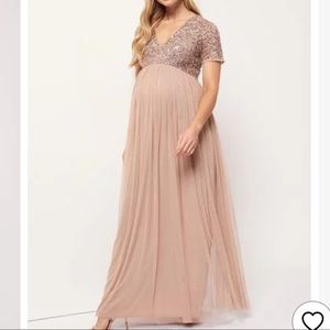 NWT Maya Maternity Delicate Sequin Cap Sleeve Maxi Dress Taupe Blush Size 8